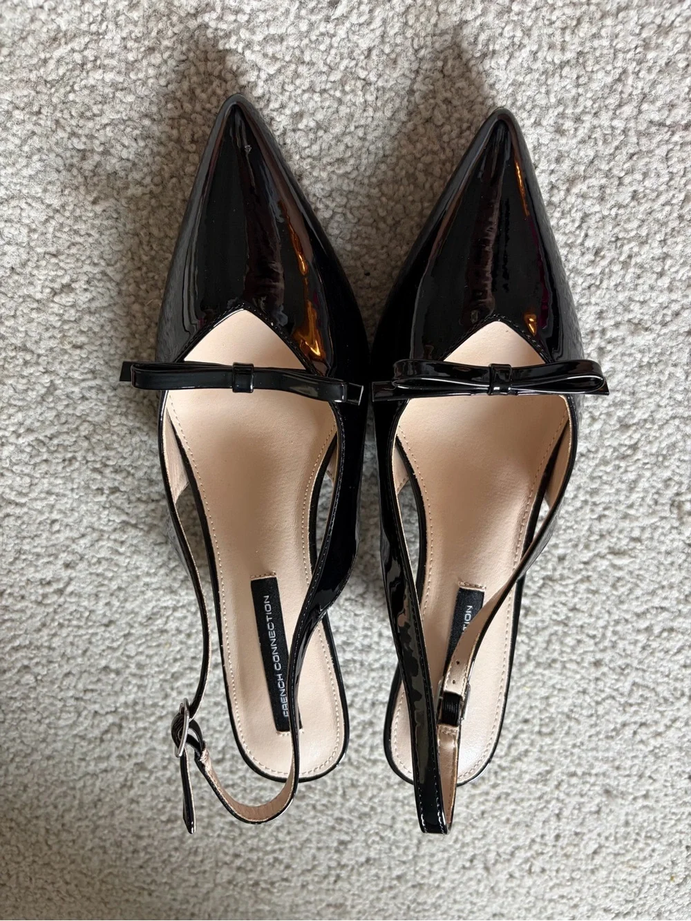 French Connection Black Patent Pointed Toe Slingback Pumps with Bow